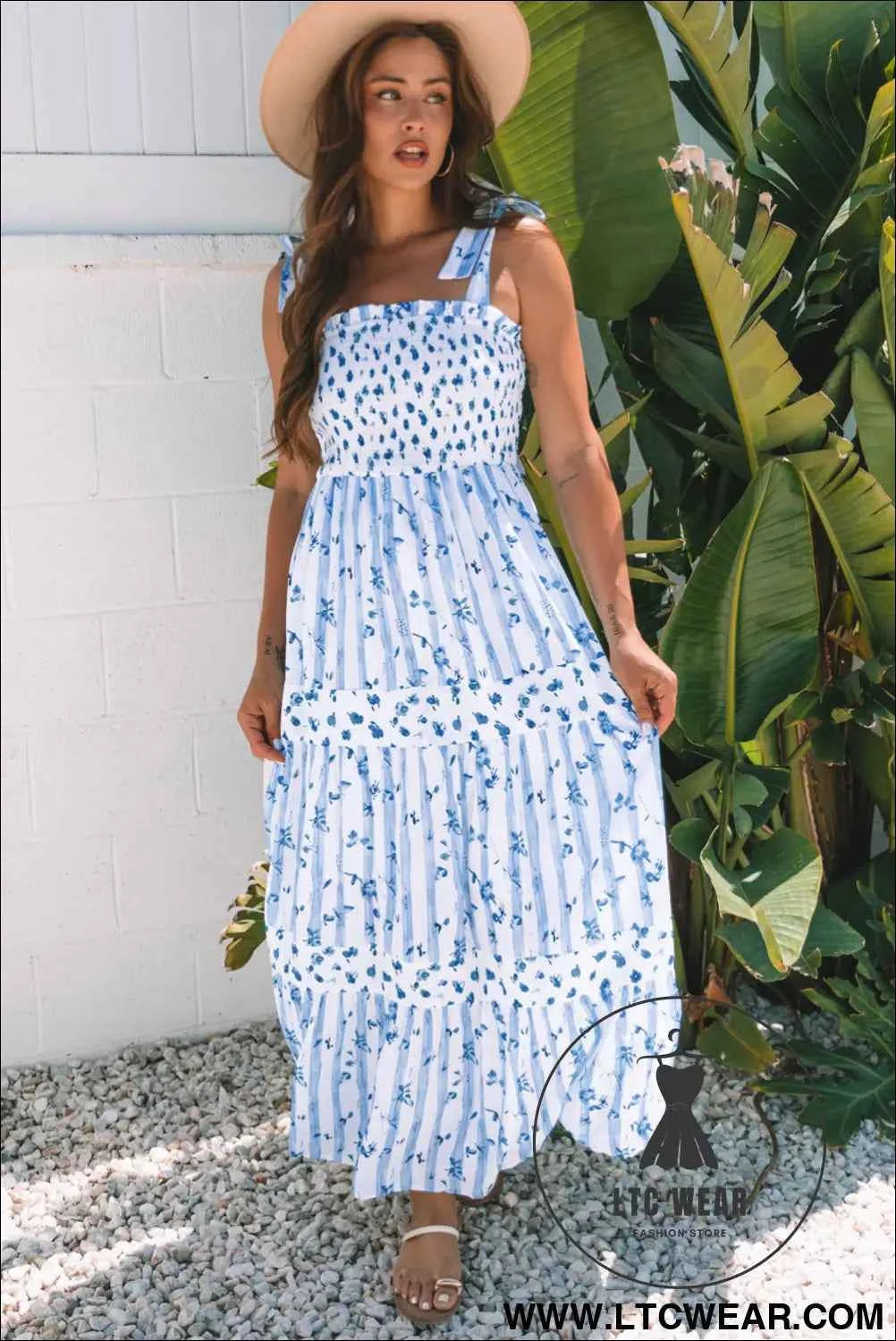 Sky Blue Floral Smocked Tied Straps A-Lined Tiered Maxi Dress