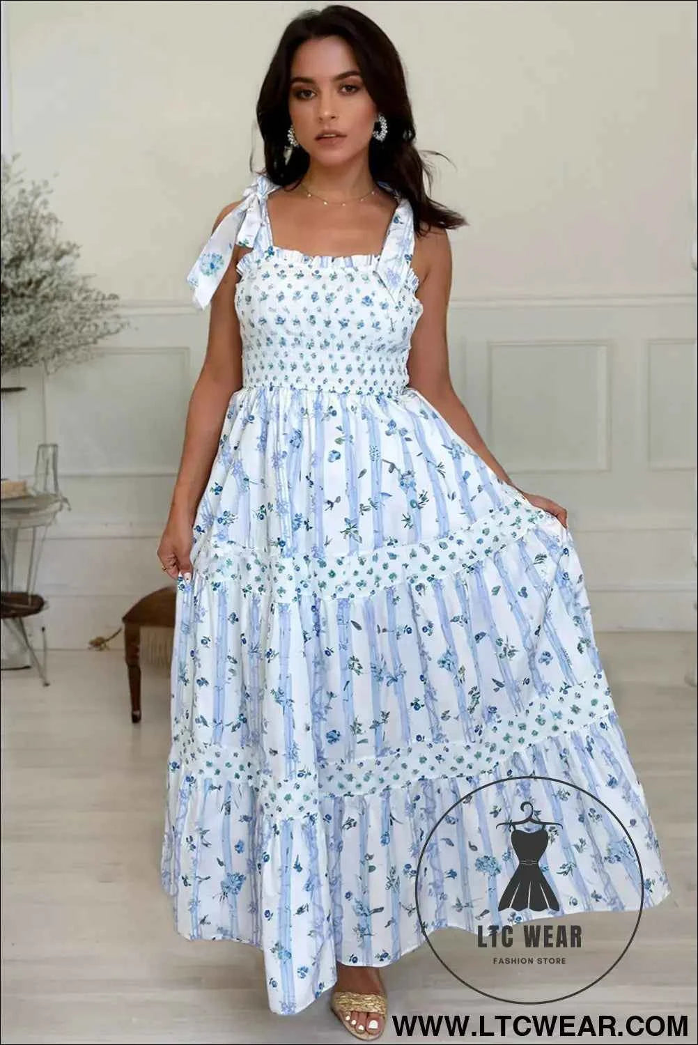 Sky Blue Floral Smocked Tied Straps A-Lined Tiered Maxi Dress