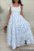 Sky Blue Floral Smocked Tied Straps A-Lined Tiered Maxi Dress
