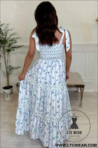 Sky Blue Floral Smocked Tied Straps A-Lined Tiered Maxi Dress