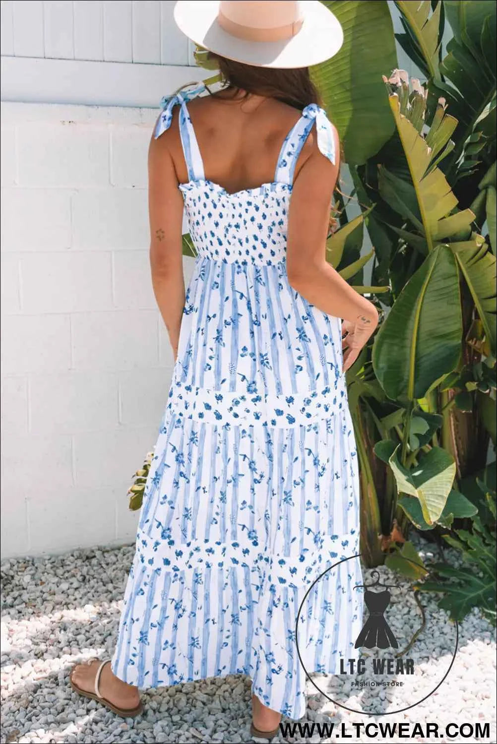 Sky Blue Floral Smocked Tied Straps A-Lined Tiered Maxi Dress