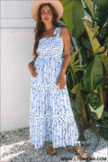 Sky Blue Floral Smocked Tied Straps A-Lined Tiered Maxi Dress