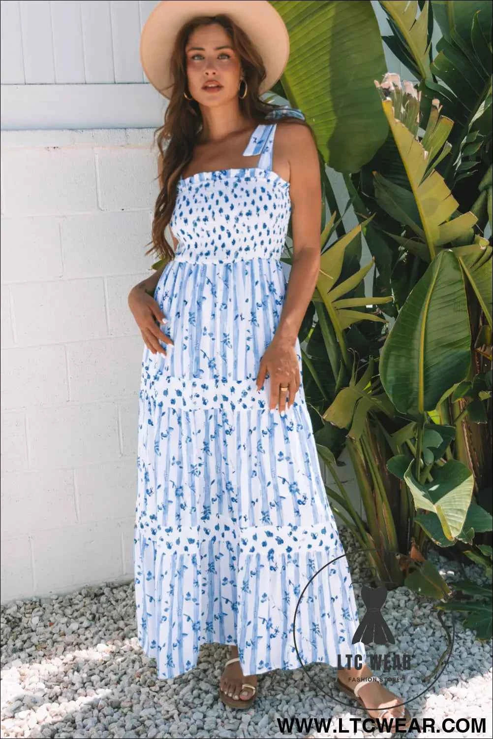 Sky Blue Floral Smocked Tied Straps A-Lined Tiered Maxi Dress