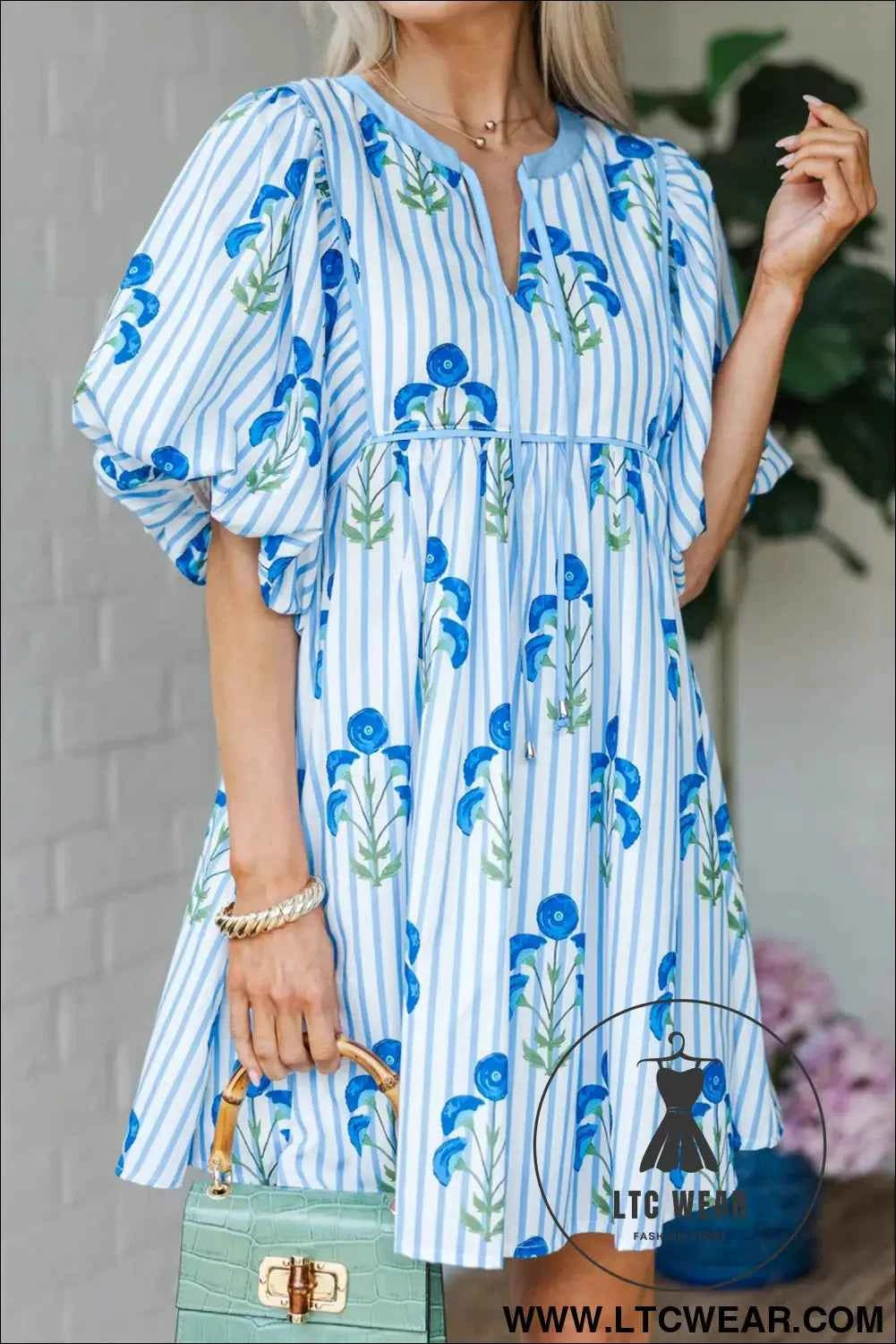 Sky Blue Floral Striped Print Tie Notched Neck Puff Sleeve Flared Mini Dress