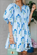 Sky Blue Floral Striped Print Tie Notched Neck Puff Sleeve Flared Mini Dress