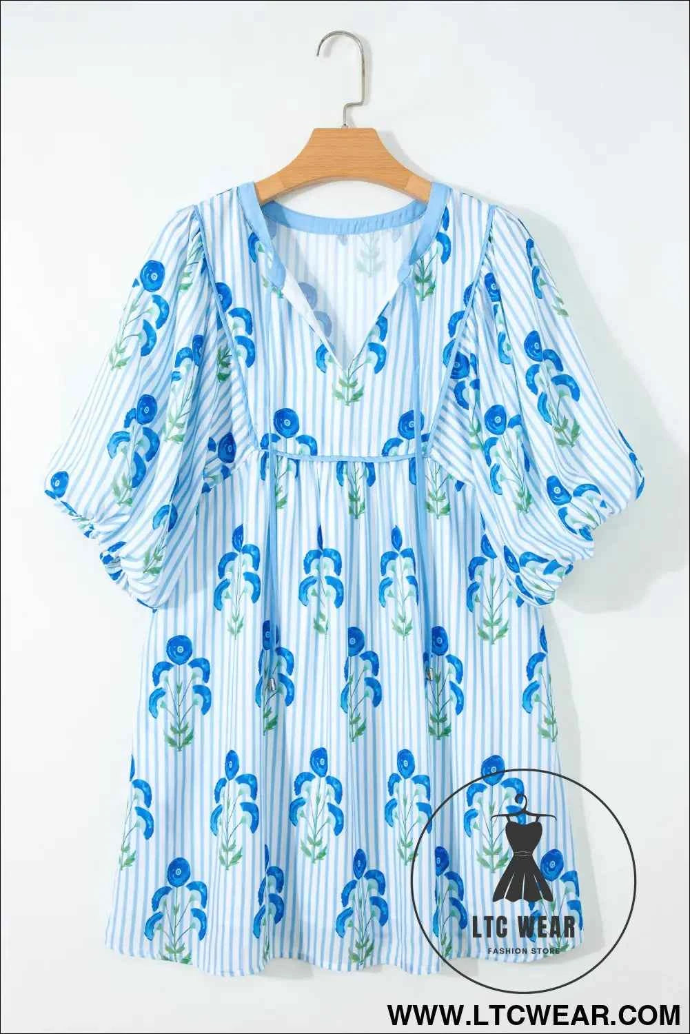 Sky Blue Floral Striped Print Tie Notched Neck Puff Sleeve Flared Mini Dress