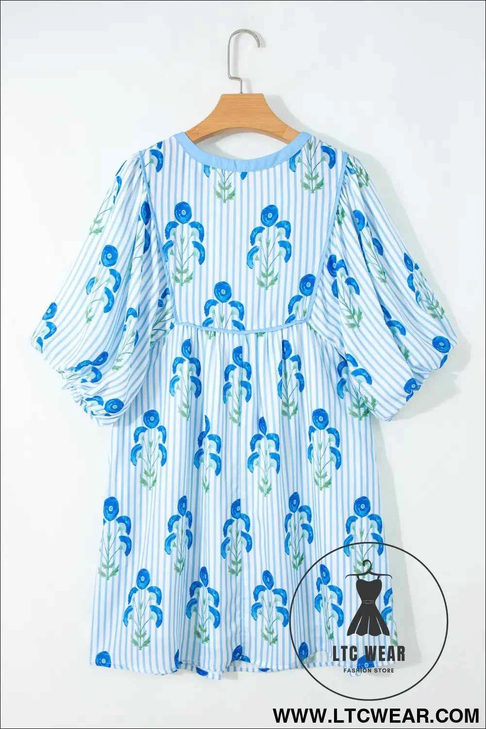 Sky Blue Floral Striped Print Tie Notched Neck Puff Sleeve Flared Mini Dress