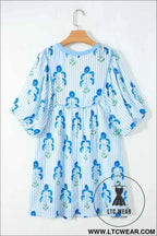 Sky Blue Floral Striped Print Tie Notched Neck Puff Sleeve Flared Mini Dress
