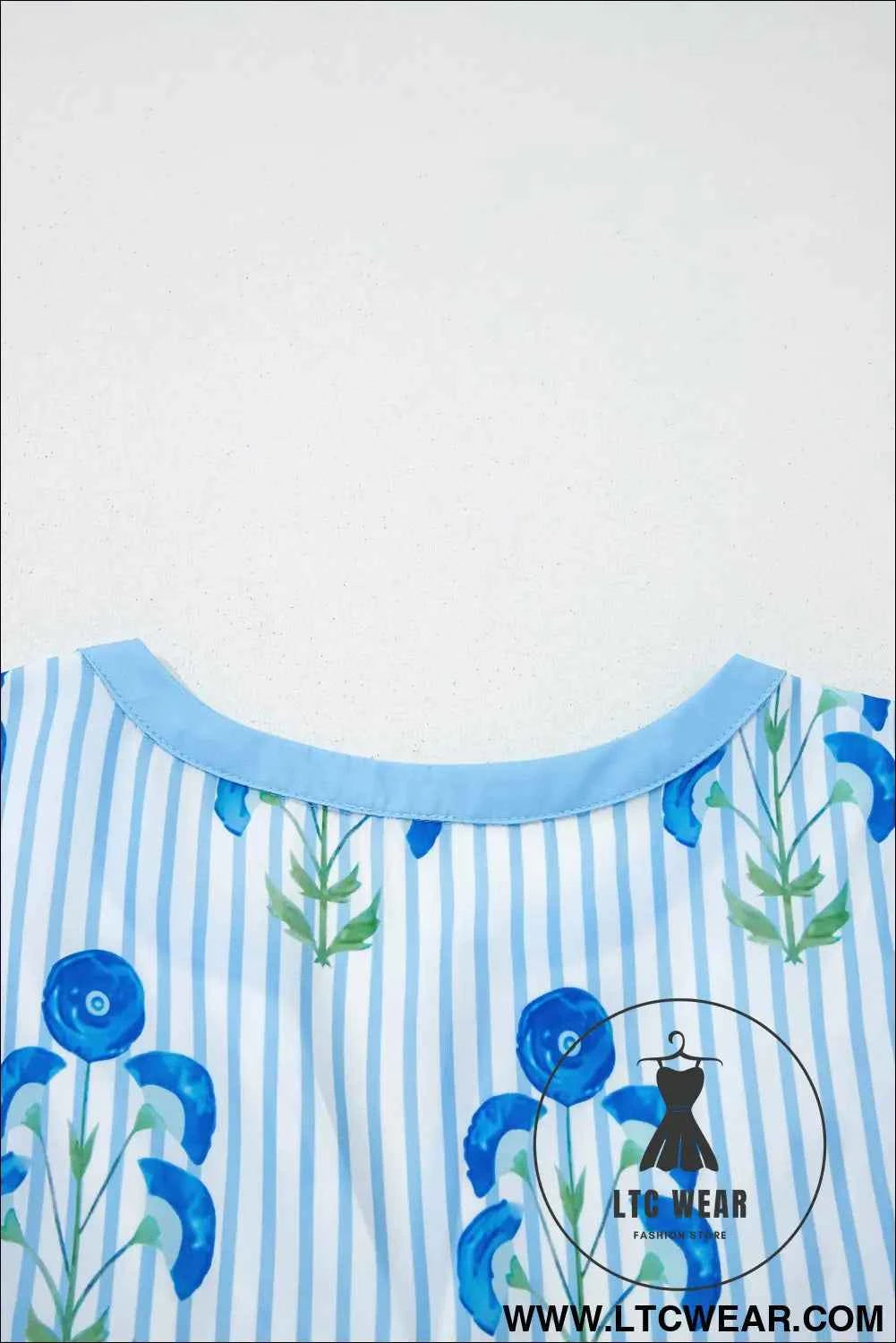 Sky Blue Floral Striped Print Tie Notched Neck Puff Sleeve Flared Mini Dress