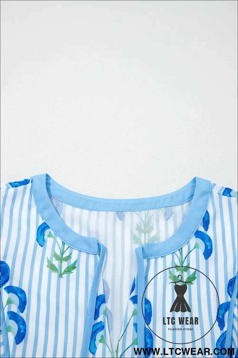 Sky Blue Floral Striped Print Tie Notched Neck Puff Sleeve Flared Mini Dress