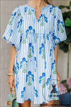 Sky Blue Floral Striped Print Tie Notched Neck Puff Sleeve Flared Mini Dress