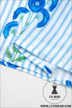 Sky Blue Floral Striped Print Tie Notched Neck Puff Sleeve Flared Mini Dress