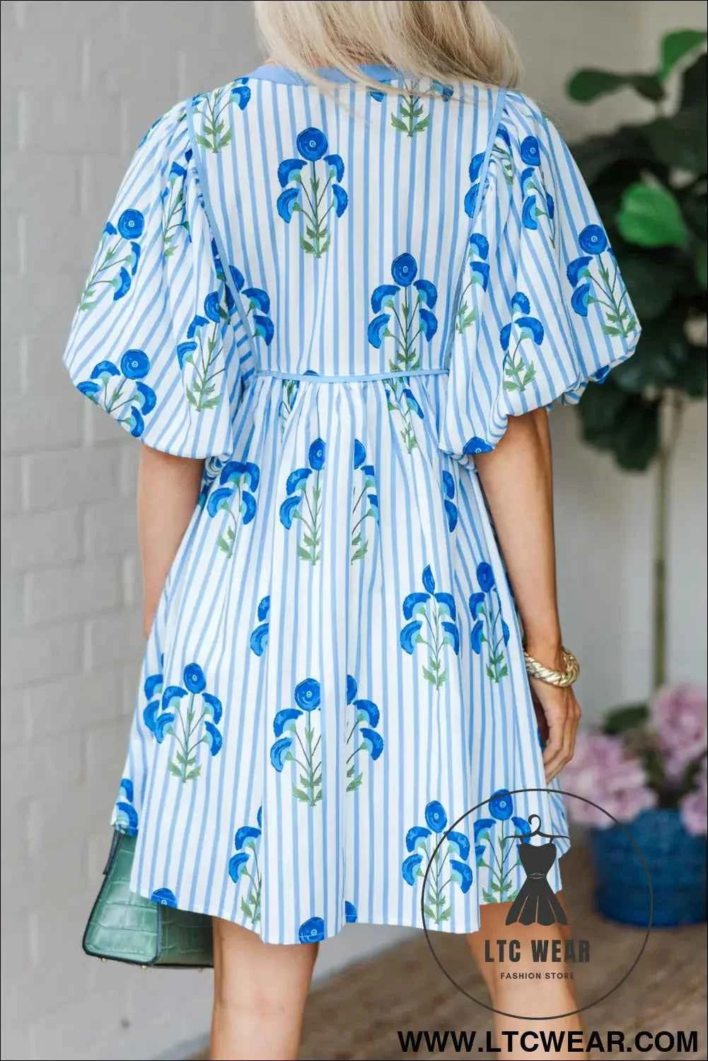 Sky Blue Floral Striped Print Tie Notched Neck Puff Sleeve Flared Mini Dress