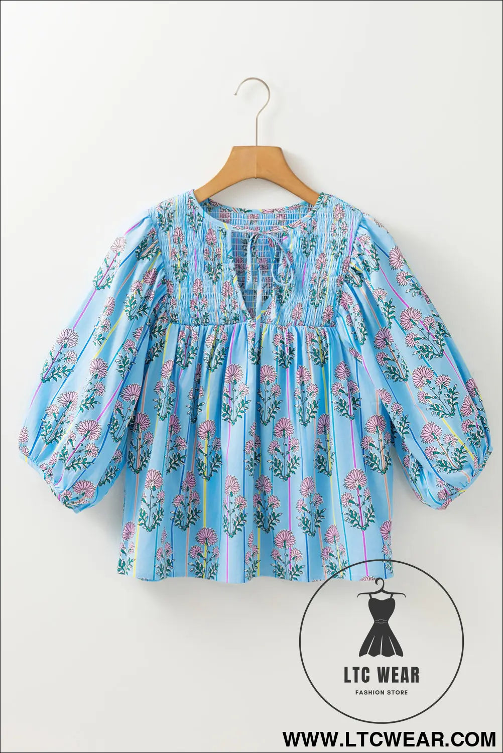 Sky Blue Floral Striped Smocked V Neck Blouse - L.T.C Wear Online Fashion Store