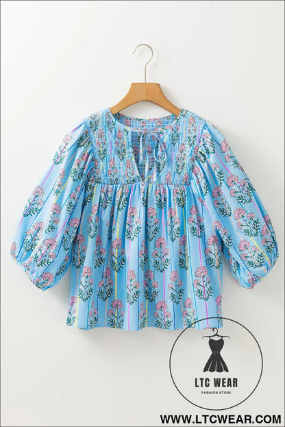 Sky Blue Floral Striped Smocked V Neck Blouse - L.T.C Wear Online Fashion Store