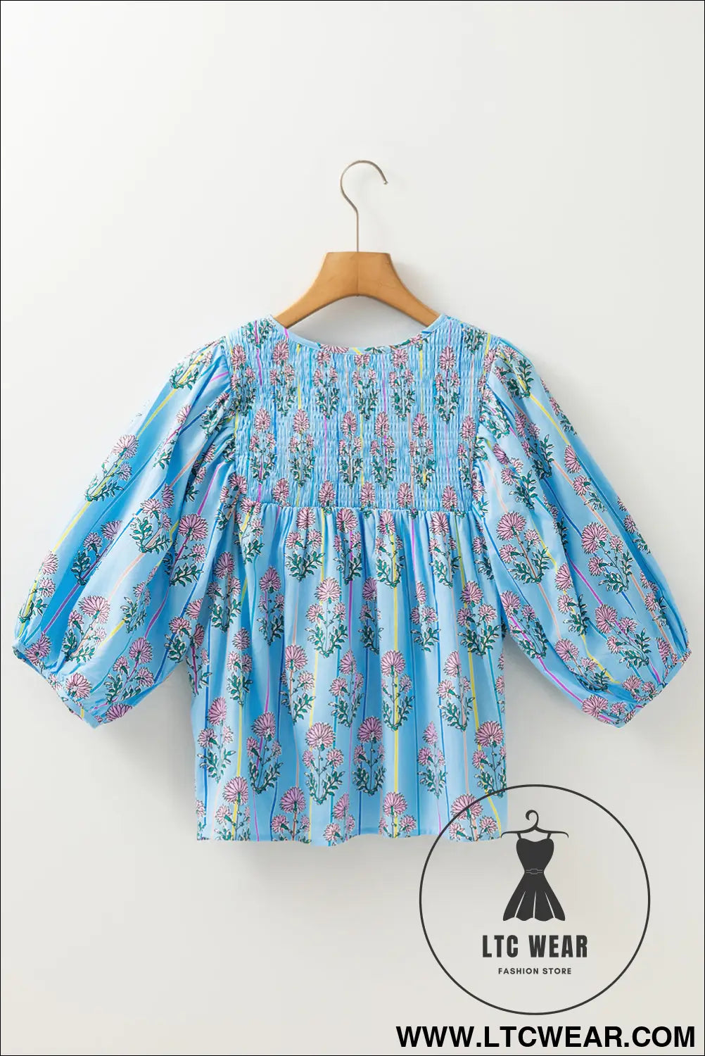 Sky Blue Floral Striped Smocked V Neck Blouse - L.T.C Wear Online Fashion Store