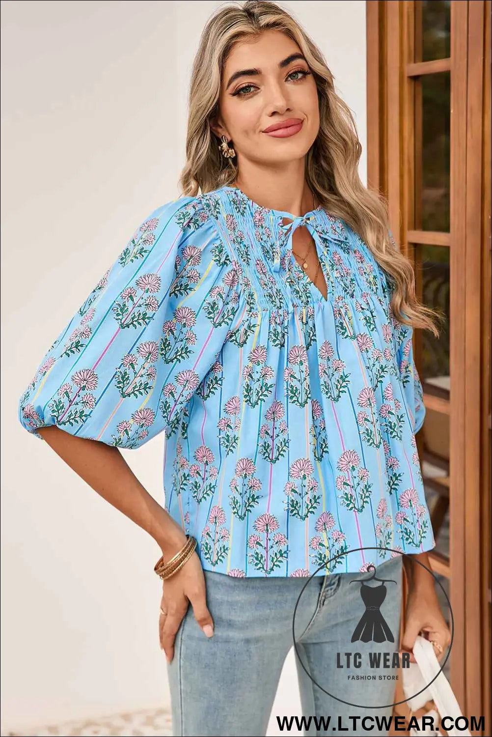 Sky Blue Floral Striped Smocked V Neck Blouse