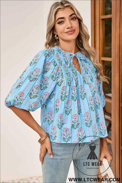 Sky Blue Floral Striped Smocked V Neck Blouse