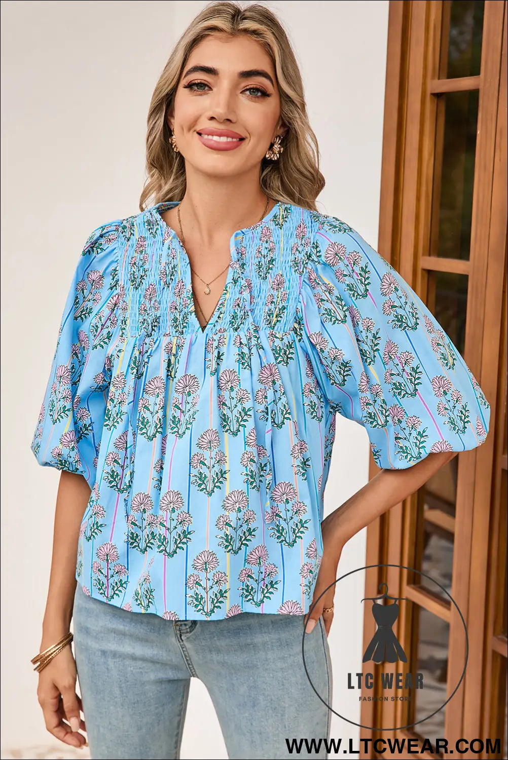 Sky Blue Floral Striped Smocked V Neck Blouse - L.T.C Wear Online Fashion Store