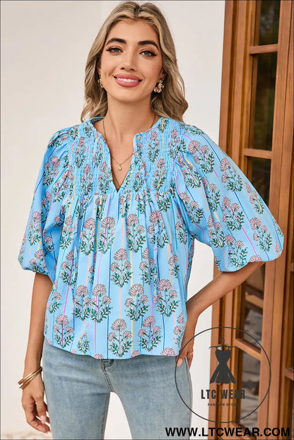 Sky Blue Floral Striped Smocked V Neck Blouse - L.T.C Wear Online Fashion Store