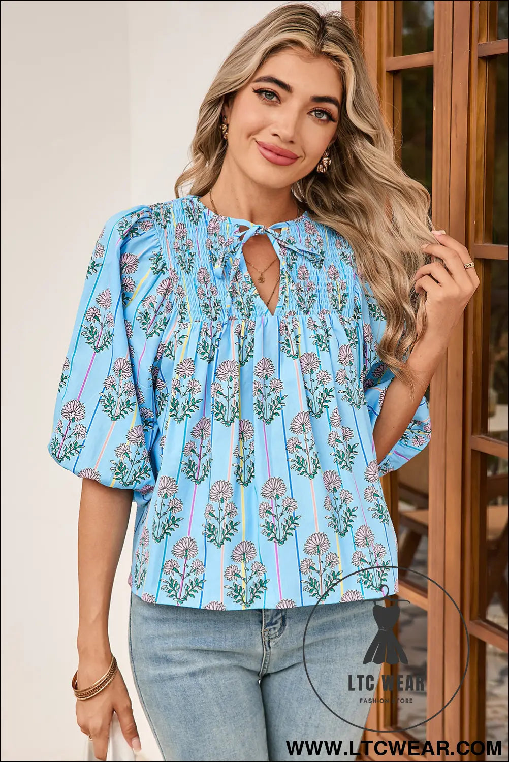 Sky Blue Floral Striped Smocked V Neck Blouse - L.T.C Wear Online Fashion Store
