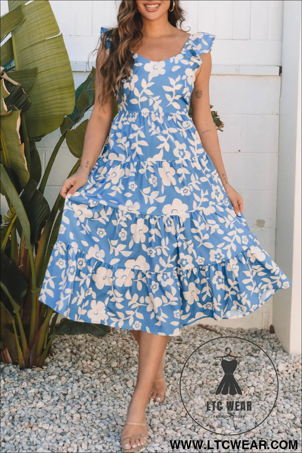 Sky Blue Floral U Neck Flutter Shoulder Tiered Flowy Midi Dress - L.T.C Wear Online Fashion Store