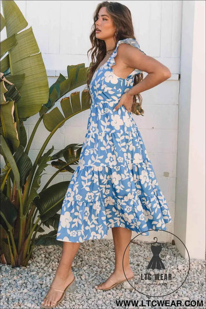 Sky Blue Floral U Neck Flutter Shoulder Tiered Flowy Midi Dress