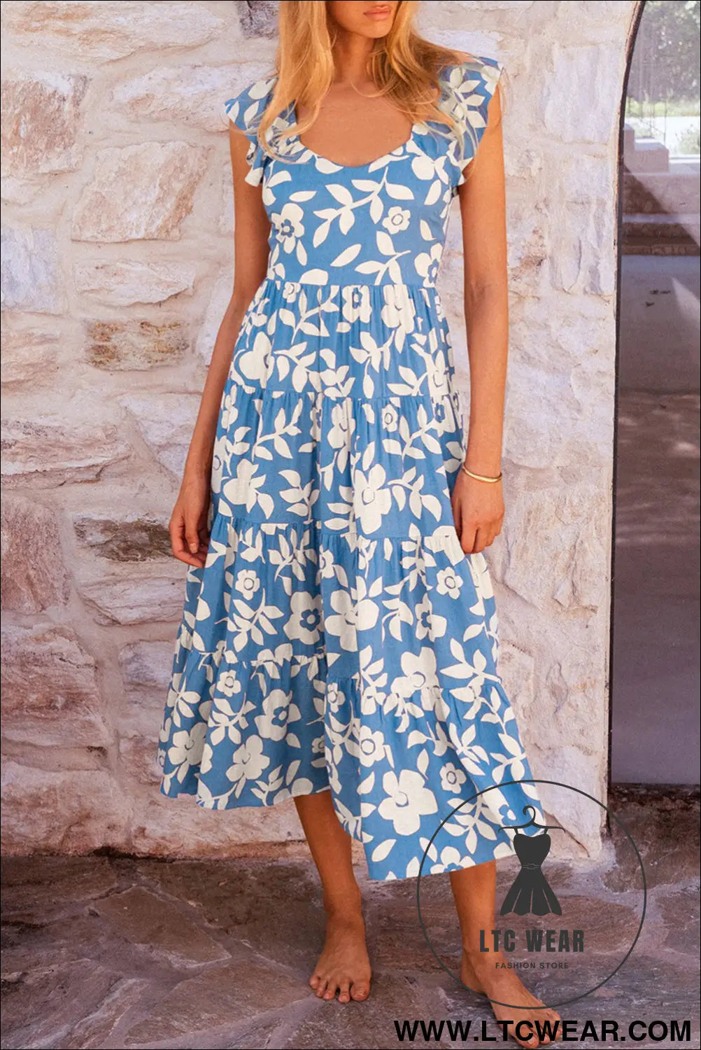 Sky Blue Floral U Neck Flutter Shoulder Tiered Flowy Midi Dress - L.T.C Wear Online Fashion Store