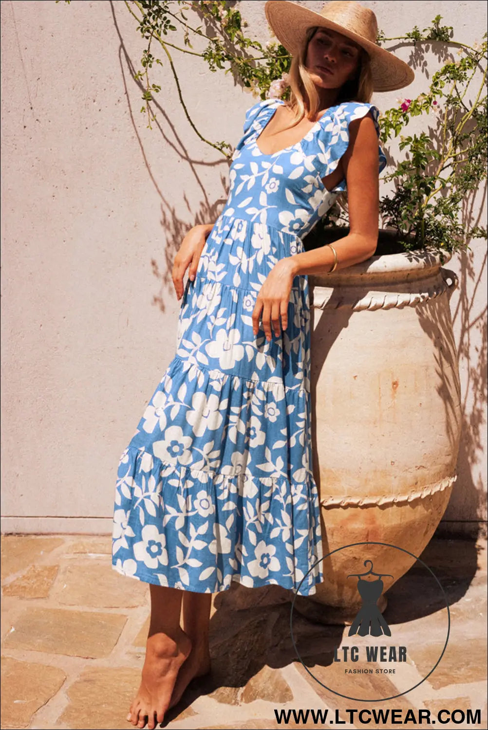 Sky Blue Floral U Neck Flutter Shoulder Tiered Flowy Midi Dress - L.T.C Wear Online Fashion Store
