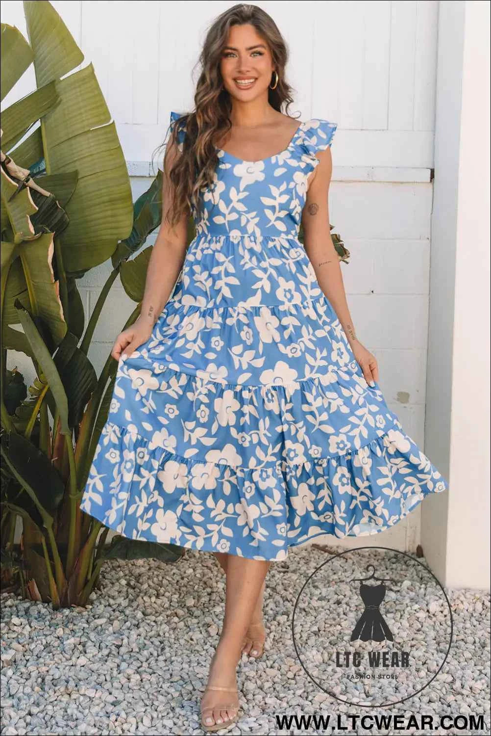 Sky Blue Floral U Neck Flutter Shoulder Tiered Flowy Midi Dress