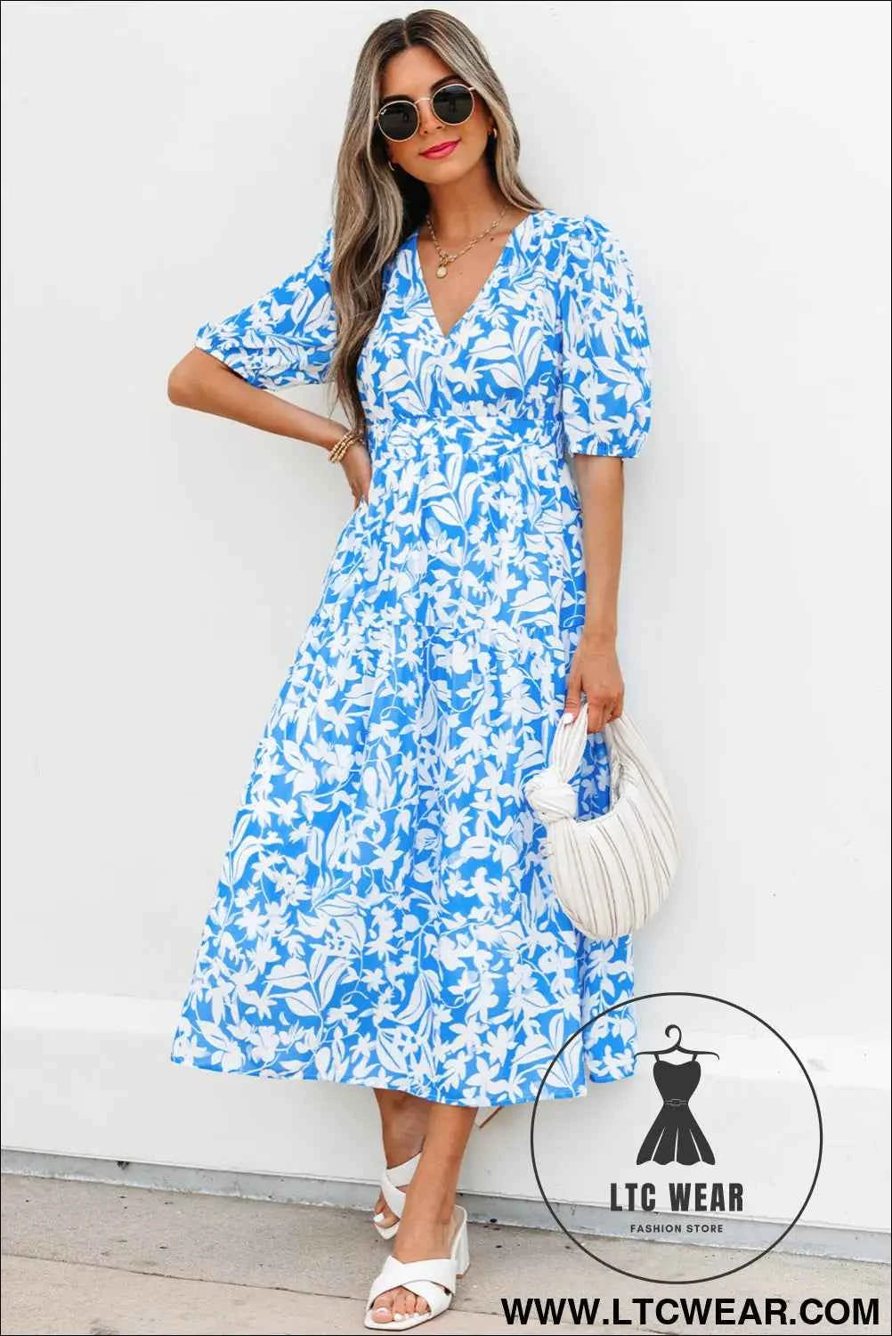 Sky Blue Floral V Neck Puff Short Sleeve Flowy Long Dress