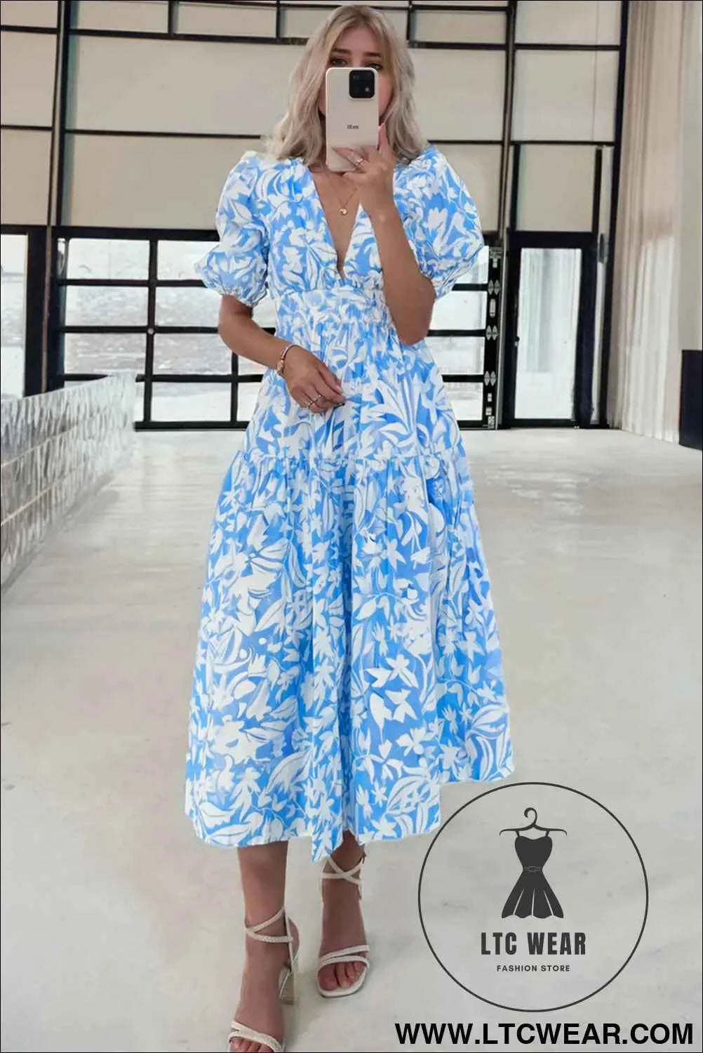 Sky Blue Floral V Neck Puff Short Sleeve Flowy Long Dress