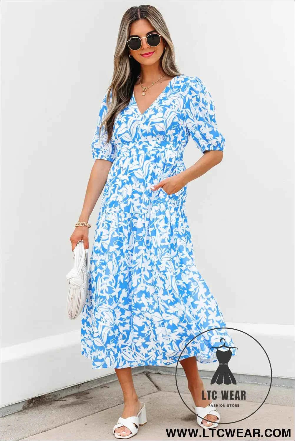 Sky Blue Floral V Neck Puff Short Sleeve Flowy Long Dress