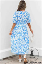 Sky Blue Floral V Neck Puff Short Sleeve Flowy Long Dress