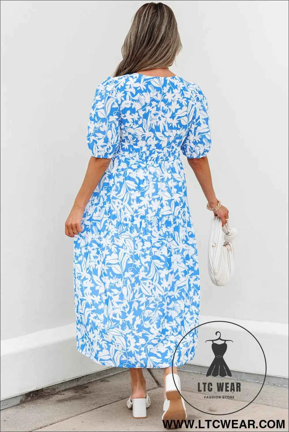 Sky Blue Floral V Neck Puff Short Sleeve Flowy Long Dress