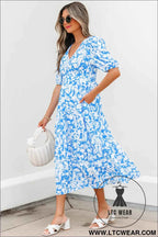 Sky Blue Floral V Neck Puff Short Sleeve Flowy Long Dress
