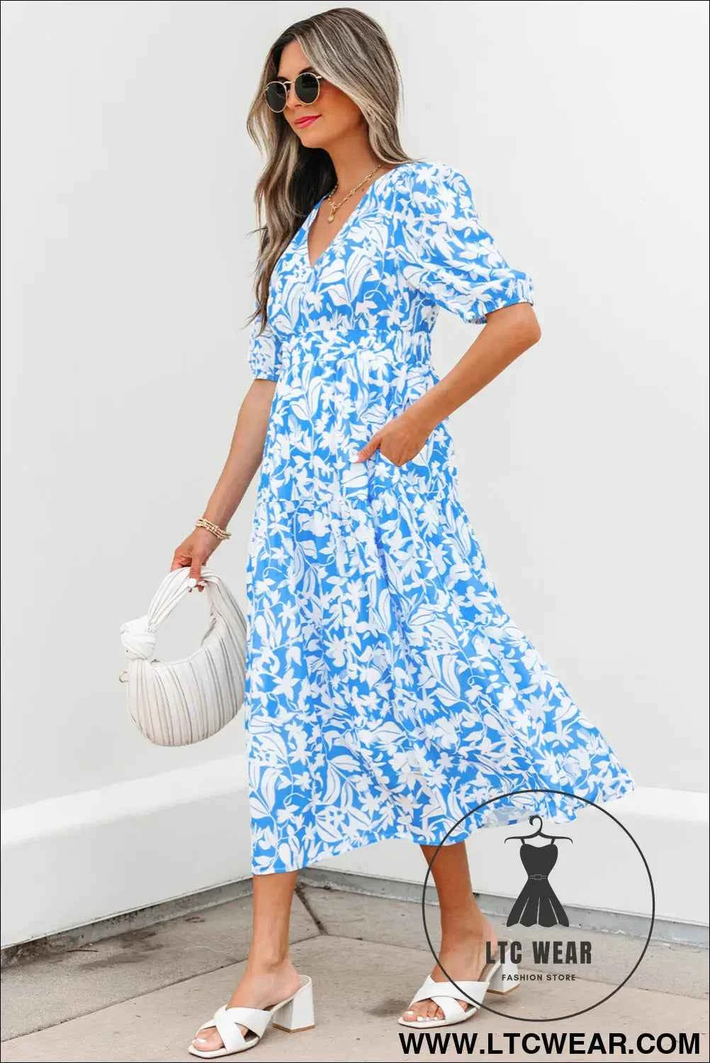 Sky Blue Floral V Neck Puff Short Sleeve Flowy Long Dress