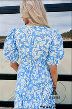Sky Blue Floral V Neck Puff Short Sleeve Flowy Long Dress