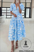 Sky Blue Floral V Neck Puff Short Sleeve Flowy Long Dress