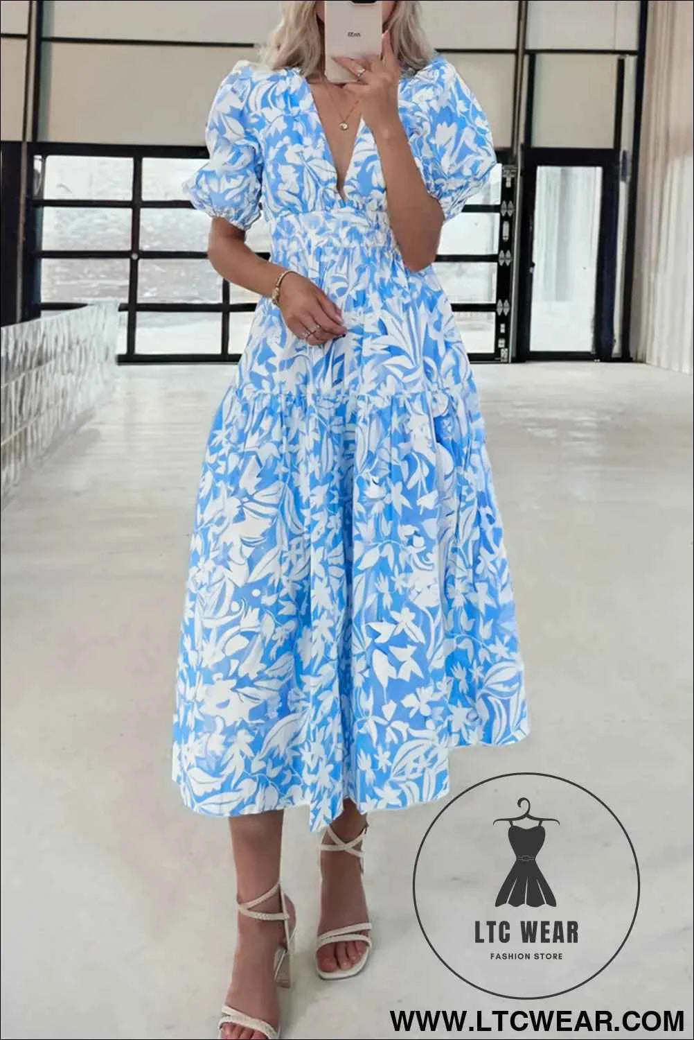 Sky Blue Floral V Neck Puff Short Sleeve Flowy Long Dress