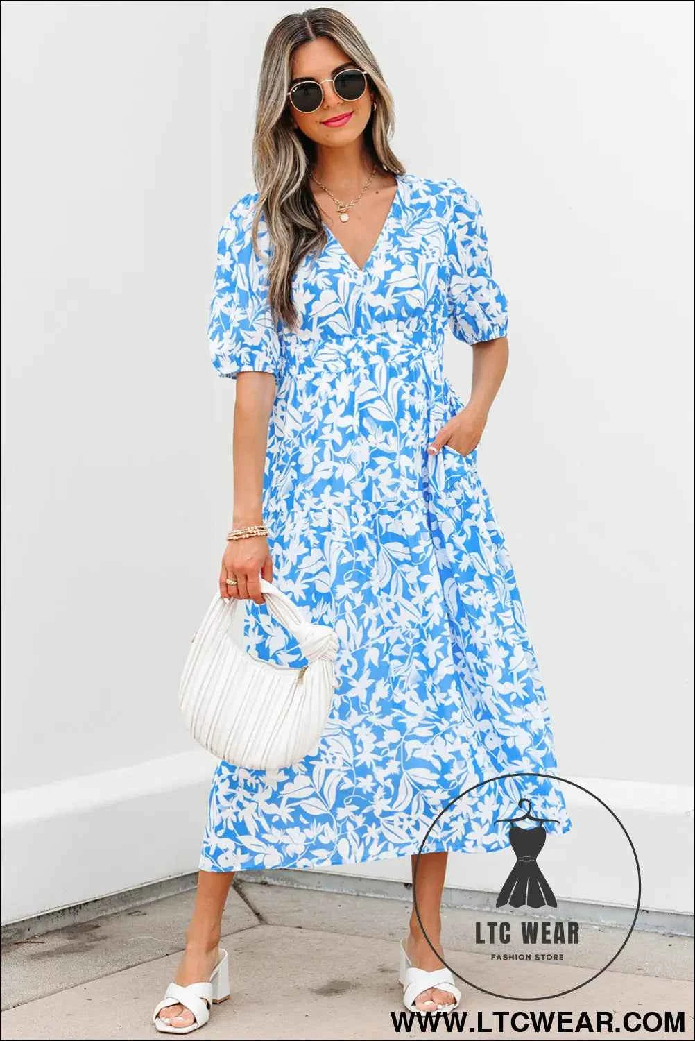 Sky Blue Floral V Neck Puff Short Sleeve Flowy Long Dress