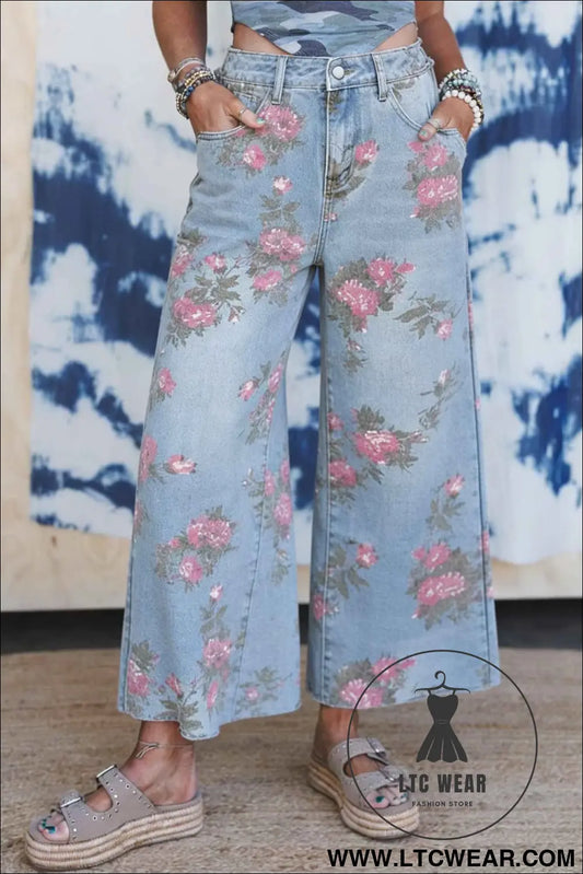 Sky Blue Garden Floral Print Bootcut Jeans