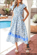 Sky Blue Hydrangea Floral Print Ruffle Trim Flutter Sleeve Long Dress