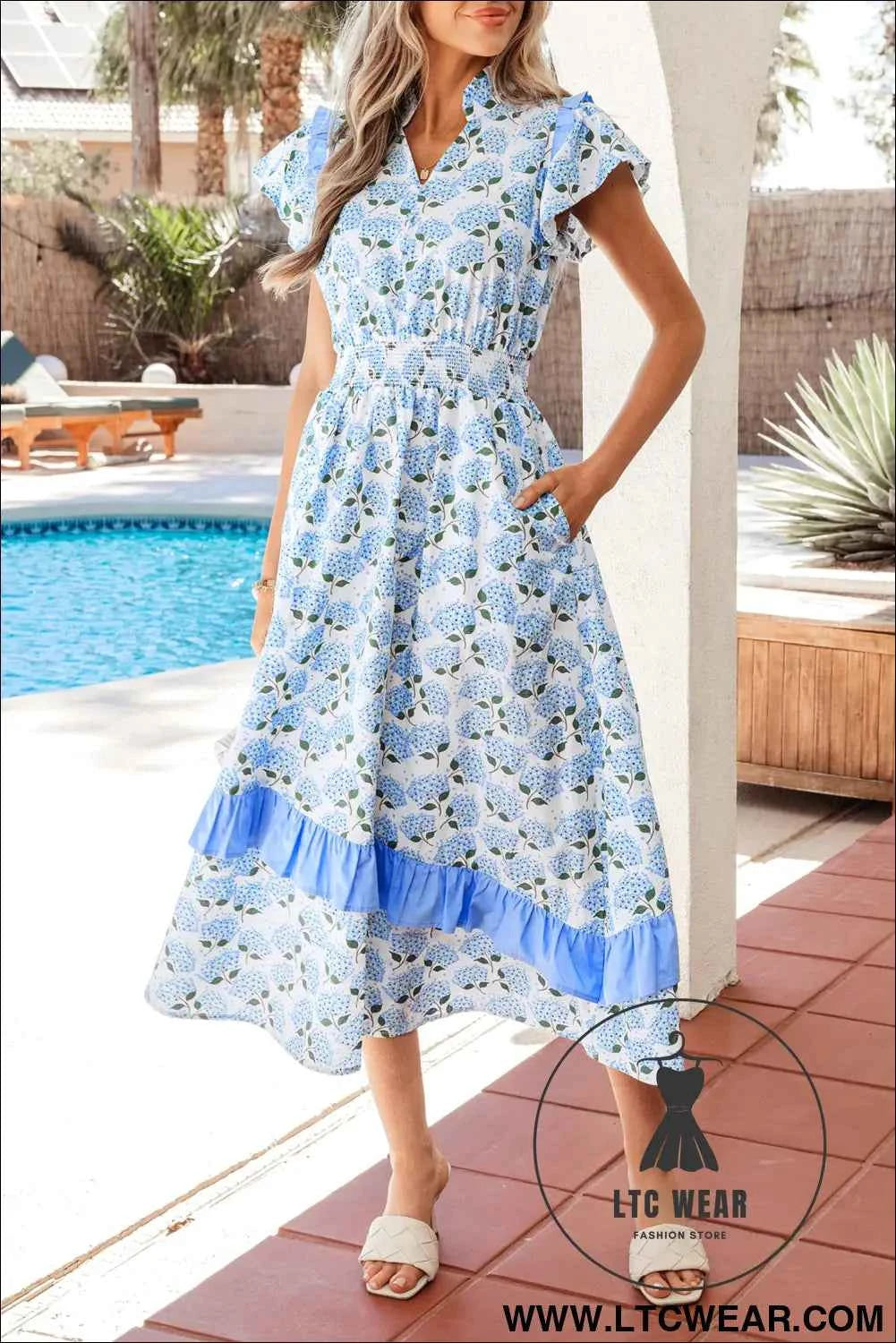 Sky Blue Hydrangea Floral Print Ruffle Trim Flutter Sleeve Long Dress