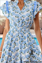 Sky Blue Hydrangea Floral Print Ruffle Trim Flutter Sleeve Long Dress