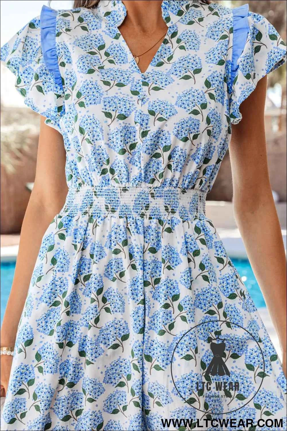 Sky Blue Hydrangea Floral Print Ruffle Trim Flutter Sleeve Long Dress