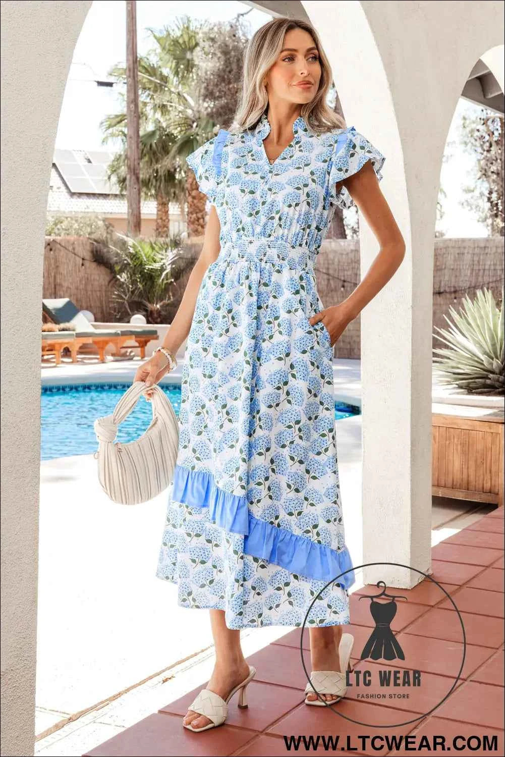 Sky Blue Hydrangea Floral Print Ruffle Trim Flutter Sleeve Long Dress