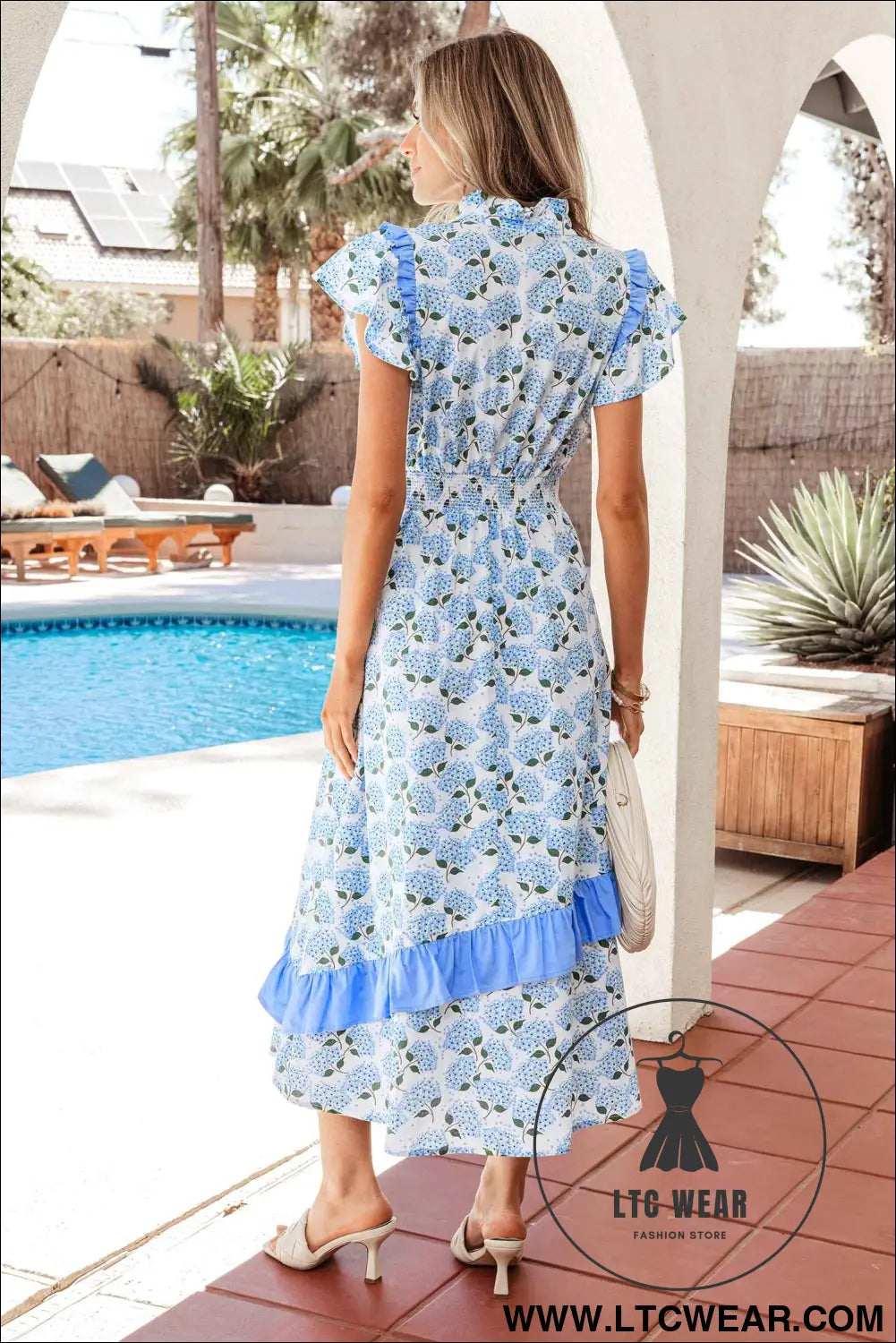 Sky Blue Hydrangea Floral Print Ruffle Trim Flutter Sleeve Long Dress