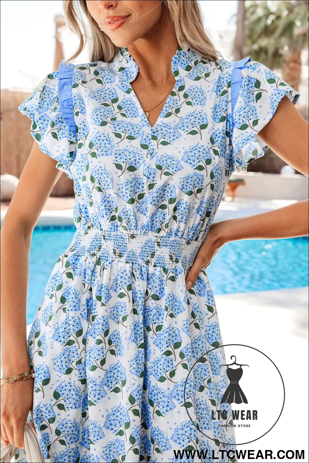 Sky Blue Hydrangea Floral Print Ruffle Trim Flutter Sleeve Long Dress - L.T.C Wear Online Fashion Store