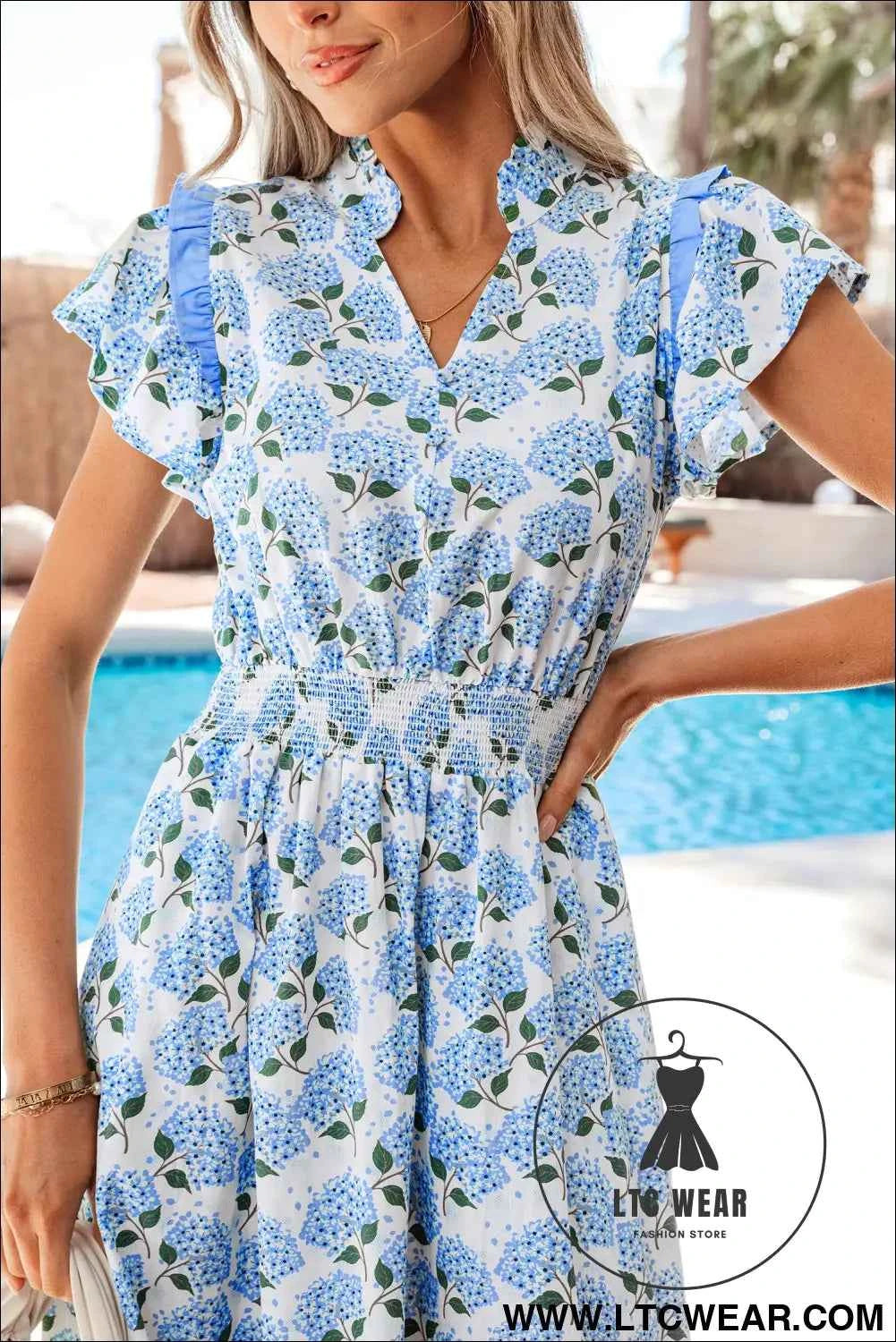 Sky Blue Hydrangea Floral Print Ruffle Trim Flutter Sleeve Long Dress